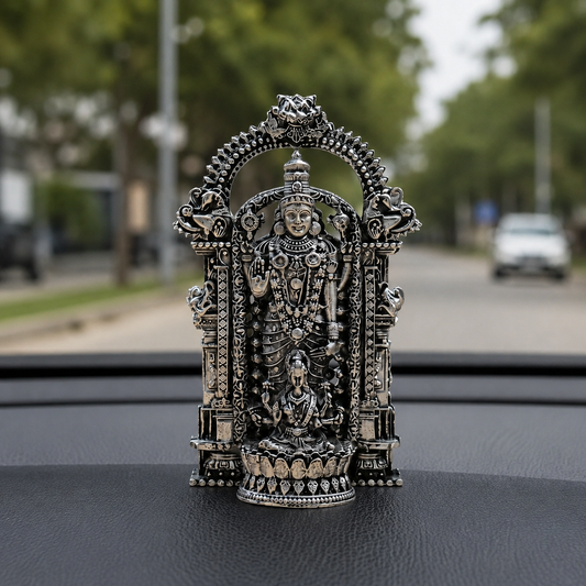 Silver Plated Shri Venkateswara and Mahalakshmi Idol car dashboard view