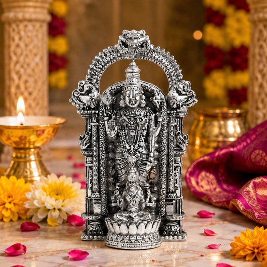 Silver Plated Shri Venkateswara & Mahalakshmi Brass Idol | Wealth & Blessings